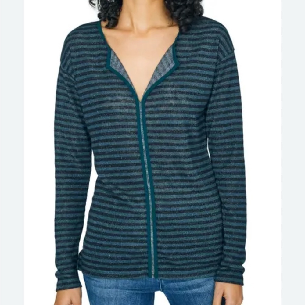 SANCTUARY ELENA GREEN BLACK STRIPE SPLIT NECK LONG SLEEVE SWEATER WOMENS LARGE